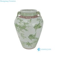 Vase à fleurs en céramique RXBP18-A, motif floral et d'oiseaux vert et blanc, décoration