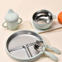 Yiyabb Ensemble de vaisselle pour bébé en acier inoxydable de qualité alimentaire de 8 pouces, sans BPA, avec assiette, bol, cuillère et fourchette, ventouse en silicone confortable pour enfants