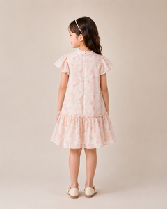 Elegant <b>Blush</b> <b>Pink</b> Floral Girls' Dress with Statement Bow-<b>Tie</b> Collar and Ruffles for Spring - Product Image 3