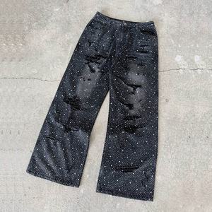 Ropa de calle alta Vintage para hombre, pantalones vaqueros rectos de pierna ancha con purpurina, pantalones vaqueros con diamantes de imitación, ropa de calle fabricada - Product Image 5