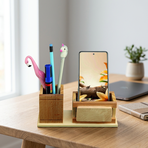 Organizador de escritorio de bambú con soporte para teléfono y portalápices, regalo de oficina multifunción, estilo lindo, hecho a mano - Product Image 2