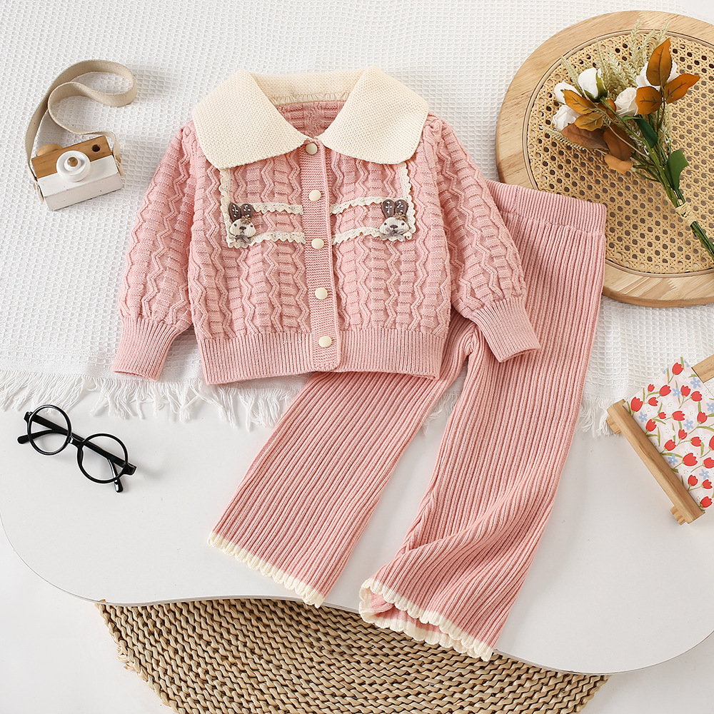 Girls' Turtle-neck Sweater Cardigan Autumn/Winter New Style Baby Coat Knitted Pants Two-piece Children Clothes Set