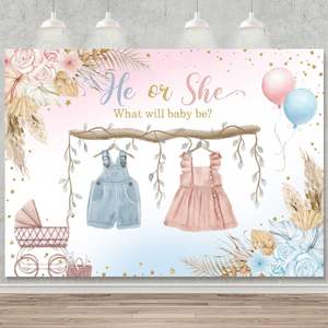 ฉากหลังถ่ายภาพเฉลยเพศเด็ก สีชมพู สีฟ้า เขาหรือเธอ ลายช้าง ลายดอกไม้ ป้ายปาร์ตี้ฉลองทารกแรกเกิด ปรับแต่งได้ - Product Image 4