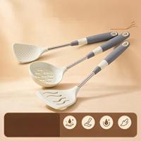 Set Peralatan Dapur Silikon 8 Buah Grosir, Gagang Stainless Steel dengan Pegangan TPR Lembut, Alat Masak Aman untuk Dapur Rumah