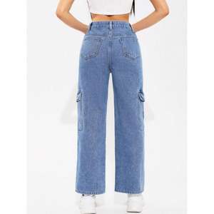 Women's High Rise Light Blue Denim <b>Cargo</b> Stretch Jeans 6-Pocket Clean Look Solid Eco-Friendly Durable Plating Modern <b>Wide</b> <b>Leg</b> - Product Image 2