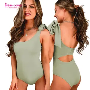 Dear-Lover Laurel Green Knotted One Shoulder Hollow-Out Luxury Sexy Women One Piece Swimsuit