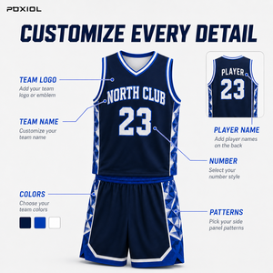 Tenues de basketball personnalisées Poxiol : Ensemble maillot et short sublimés avec logo, nom et numéro d'équipe pour les commandes en gros des équipes scolaires, des clubs et des équipes jeunes. - Product Image 5