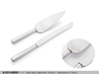 Ensemble de couteau à gâteau et de serveur en métal argenté élégant avec accent doré, parfait pour le service de desserts de mariage et de fête