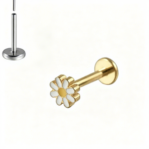 <span class=keywords><strong>Orecchini</strong></span> Piercing in Titanio ASTM F136 G23 Senza Filettatura, Labret, Helix, Tragus, con Fiore <span class=keywords><strong>Margherita</strong></span> Smaltato e Chiusura a Pressione Piatta - Product Image 4