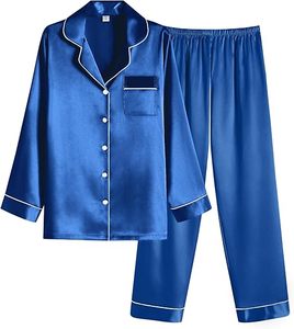 Femmes solide été 100% soie pyjamas ensembles en gros col boutonné chemises et pantalon Lang tricoté tissu vêtements de nuit - Product Image 3