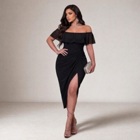 Robe fourreau sexy en jersey pour femme grande taille, mi-mollet, épaules dénudées, manches courtes, à volants, avec fermeture éclair, taille froncée et ourlet fendu