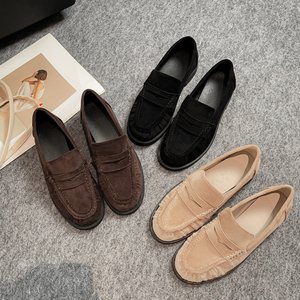 Mocasines de Gamuza, Estilo Otoño Invierno 2025, Nuevo Estilo, Punta Redonda Plisada, Planos, Sin Cordones, Estilo Británico, Zapatos de Mujer, Zapatos Náuticos - Product Image 2