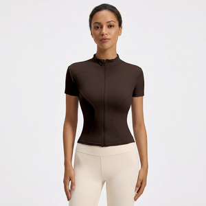 Wholesale Women Full Zip Stand Collar Short Sleeve <b>Yoga</b> Crop <b>Jackets</b> Slim Fit Quick Dry Athletic Tops Stretchy Gym Workout Tee - Product Image 3
