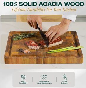 <span class=keywords><strong>Planche</strong></span> à découper en bois d'acacia massif à grain transversal avec rainure pour les jus et poignée intégrée, ustensile <span class=keywords><strong>de</strong></span> cuisine écologique, bloc <span class=keywords><strong>de</strong></span> boucher pour chefs à domicile - Product Image 4
