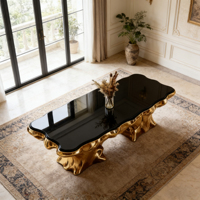 Table basse moderne de luxe en verre noir avec base en fibre de verre dorée pour salons contemporains