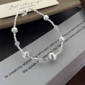 S925 Sterling Silver <b>Bracelet</b> With White Jade <b>Beads</b> Ball Shape Unisex Jewelry Gift - Product Image 1