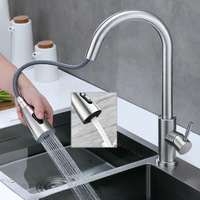 Robinet de cuisine commercial en acier inoxydable à poignée unique, à arc élevé, moderne, avec douchette extractible à trois fonctions en céramique pour évier