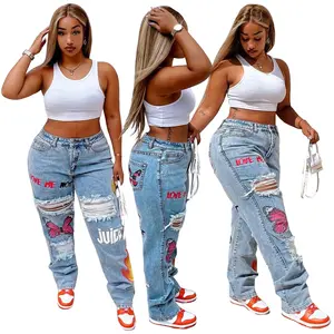 Plus Size Women's Jeans XL-5XL Ripped Ladies Streetwear Denim Pants High Waist Ripped Plus Size Denim Women's Jeans