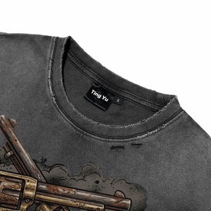Camisetas Vintage para Hombre con Lavado Ácido y Efecto Desgastado, Transpirables, Estampado Retro de Doble Revólver Estilo Western, de Manga Corta Oversize para Venta al por Mayor - Product Image 3