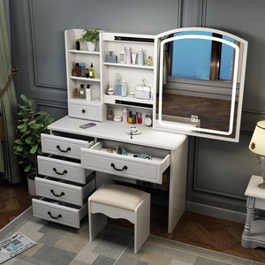 Table de toilette et de maquillage traditionnelle simple pour chambre à coucher avec miroir coulissant à panneau en fer, lampe, rangement intégré, fabrication chinoise - Product Image 2