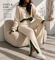Ensemble deux pièces en tricot pour femmes, pull en tricot côtelé, haut court, pantalon large, tenue décontractée