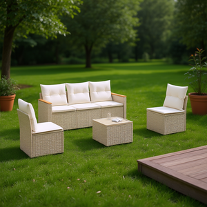 ชุดโซฟาหวายสีเบจสำหรับสวน พร้อมเบาะโฟมความหนาแน่นสูง เฟอร์นิเจอร์กลางแจ้ง ดีไซน์ร่วมสมัย กันน้ำ ทนรังสียูวี - Product Image 2