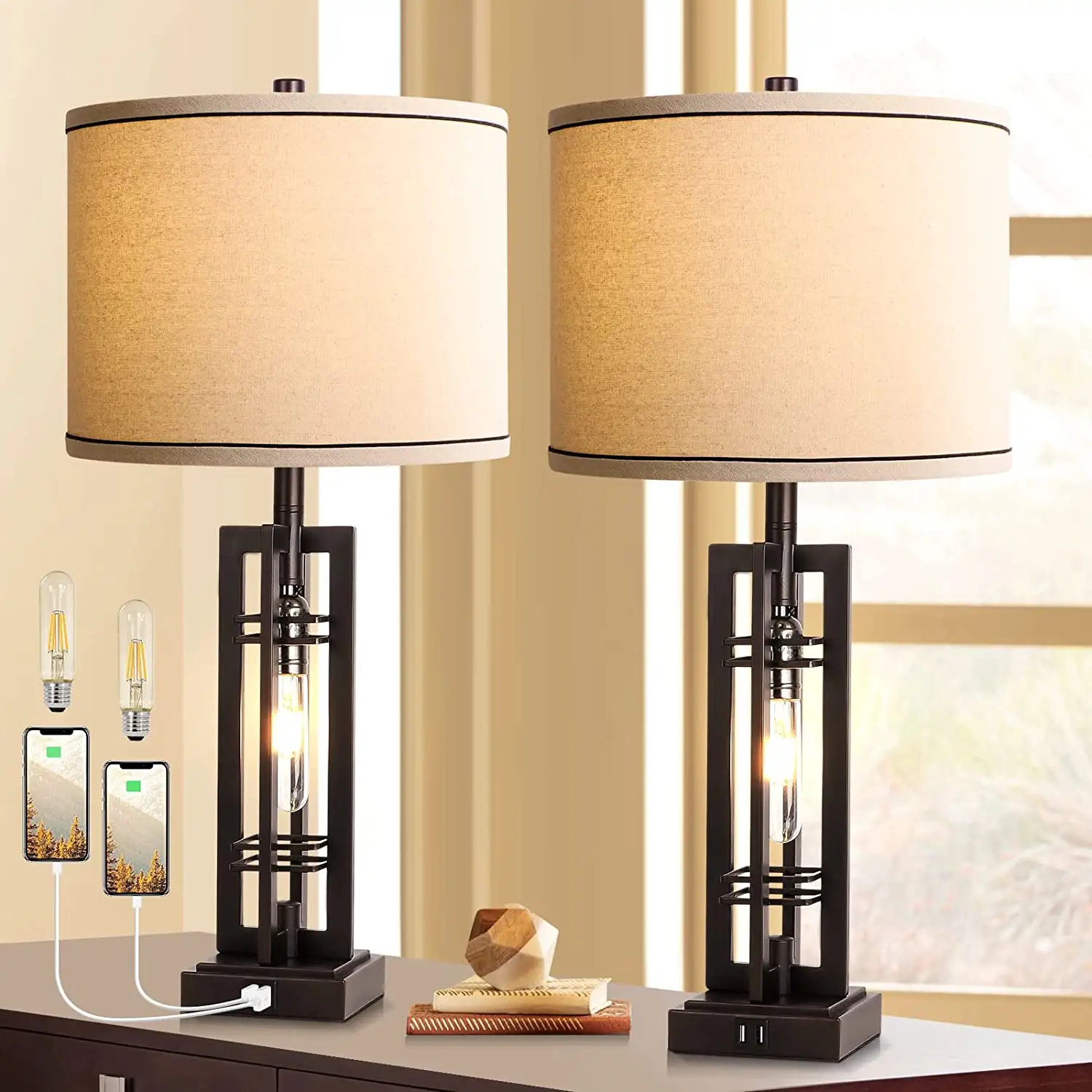Table lamp with USB port oil finish bronze finish beige shade for living room bedroom home without bulb