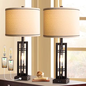 Lámpara <span class=keywords><strong>con</strong></span> puerto de acabado en bronce y sombra beige para sala de estar, dormitorio y hogar sin bombilla - Product Image 1