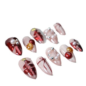 Pintado a mano de Navidad perla festivo lindo blanqueamiento francés cubierta completa de longitud corta dedo uñas postizas 24 Uds mariposa desmontable - Product Image 5