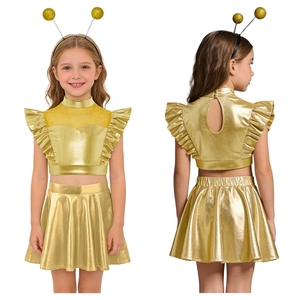 Conjunto de Disfraz Metálico de Alien para Niñas de 6 a 16 Años, Top Corto con Volantes y Falda en Línea A, para Fiestas Temáticas, Actuaciones en Escenario, Uso Diario Informal - Product Image 2