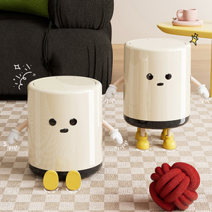 Cute Cylindrical Trash Can With Push Top <b>Lid</b> For Living Room Bedroom Bathroom Indoor Use Plastic Waste <b>Bin</b> - Product Image 2