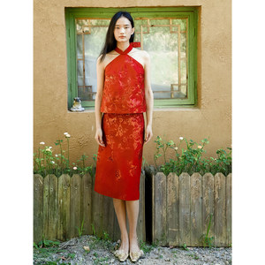 Nuovo Set da Spiaggia in Stile Cinese con Top Halter Antistatico in Jacquard Rosso Vino e Gonna <span class=keywords><strong>Vintage</strong></span> Ricamata per Brindisi della <span class=keywords><strong>Sposa</strong></span> - Product Image 1
