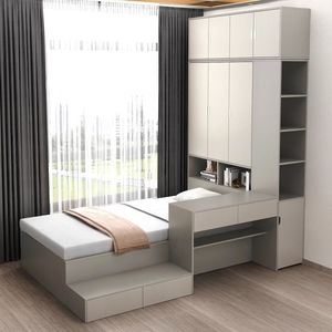 Integrated Platform Bed Frame Storage <b>Desk</b> Table Wardrobe <b>Space</b>-Saving Durable Wood Bedroom Furniture for <b>Small</b> Apartments - Product Image 1