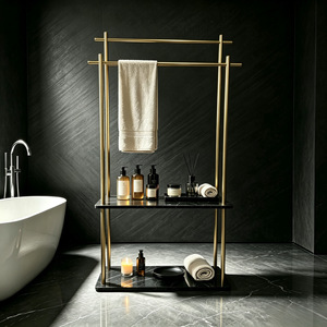 Porte-serviettes en or brossé avec étagère en marbre pour rangement et organisation dans la salle de bain - Product Image 1