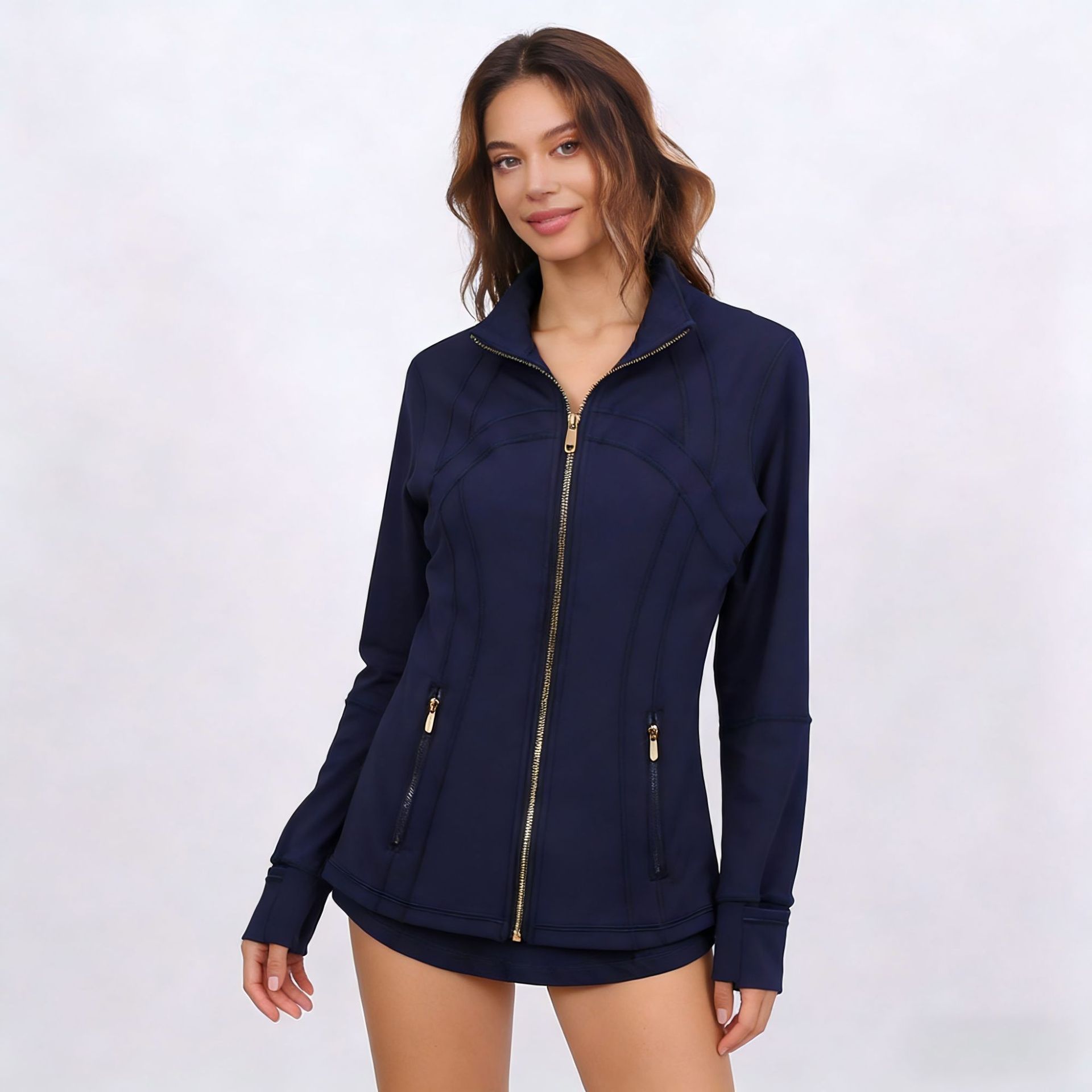 Women's Breathable Slim Fit Stand Collar Nine Quarter Sleeve Solid Pattern Sports Jacket Gold Zipper Simple Design Spandex Yoga