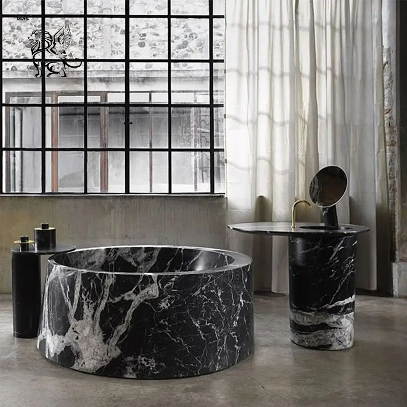 Bañera de pie redonda de piedra Natural de lujo tallada a mano personalizada BLVE, bañera de baño de mármol Marquina negra a la venta