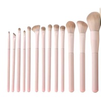 13 Pcs Set Kuas Makeup Bulu Sintetis Vegan Warna Pink Mewah Label Pribadi Kustom Gagang Plastik Berkualitas Tinggi untuk Mata dan Wajah