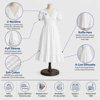 Robe Midi en Coton 220 GSM Col V Manches Bouffantes pour Femme, Robe de Thé à Ourlet Volanté, Décontractée d'Été, Personnalisable avec Logo OEM, Vente en Gros