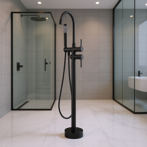 Rubinetto per Vasca da Bagno Freestanding a Pavimento Nero Opaco Monocomando 95cm Valvola in Ceramica Design Minimalista per Bagno Animali - Product Image 2