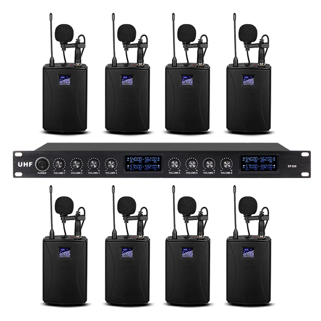 Professional DF208 UHF 8 Channels Lapel Mic Wireless Lavalier Microphone for Teaching Conference