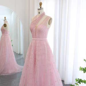 Para SZ329 Fairy Pink Halter asimétrico hasta el suelo A-Line Organza noche cumpleaños fiesta pluma cristal patrón plisado - Product Image 4