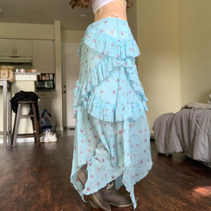 Y2K Vintage Blue Floral <b>Chiffon</b> <b>Skirt</b> Women Layered Ruffle Irregular Hem Lightweight Flowing <b>Midi</b> <b>Skirt</b> - Product Image 5