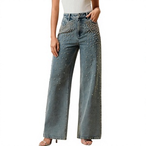 Jean ample de luxe pour femme avec strass, en denim premium, taille mi-haute, pantalon décontracté et tendance, fournisseur en gros OEM ODM - Product Image 1