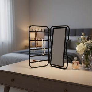 PARISLOFT Foldable Jewelry Holder With Mirror <b>Black</b> Metal Organizer For Necklaces <b>Bracelets</b> Earrings Rings Table Top Display - Product Image 2