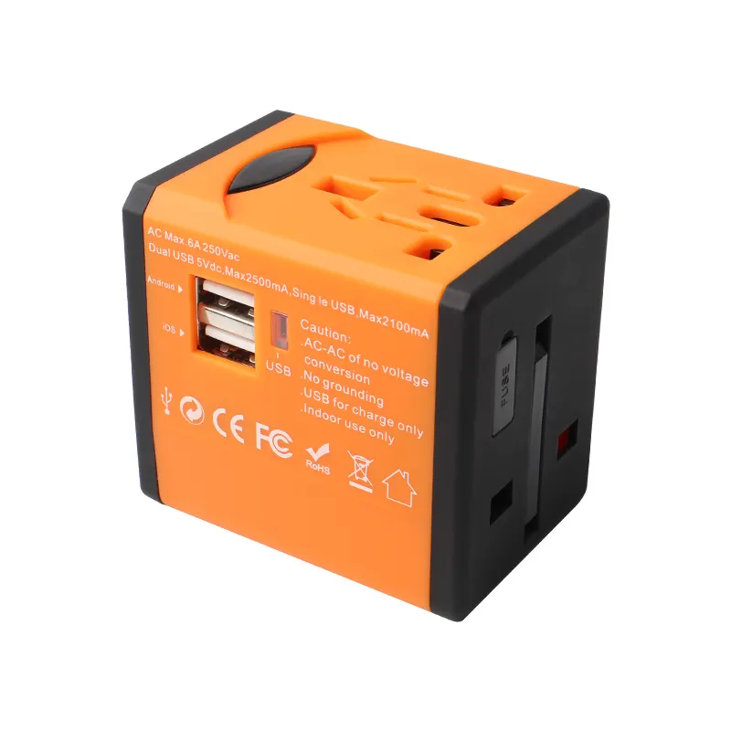 2023 Universal Portable Switching Travel Charger UK US AU EU Plug and Socket 2 USB 5V 2.5A Travel Charger Adapter
