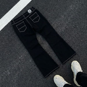 جينز رجالي بتصميم عتيق وعصري مع أربطة طويلة، تصنيع مخصص، جينز واسع الساق مستقيم مزين بالأحجار اللامعة للرجال - Product Image 2