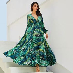 Robe longue d'été à imprimé floral, taille plus, vintage, sexy, col en V, ceinture, tunique, robe maxi bohème pour femmes - Product Image 3