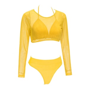 Baju Renang 3 piezas conjunto Sexy manga larga de malla Bikini de <span class=keywords><strong>granadina</strong></span> cubierta para las mujeres Badeanzug - Product Image 5