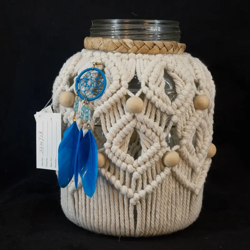 Vaso de vidro decorativo tecido Macrame feito à mão para mesa Vaso delicado Ornamento Decoração