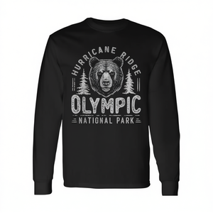 Camiseta de manga larga del Parque Nacional Olímpico con diseño de oso Hurricane Ridge, color negro - Product Image 2